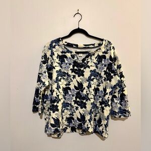 Coldwater Creek Blue and Cream Floral 3/4 Sleeve Sweater Top, XL